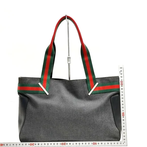 Gucci Vintage Sherry Line Gray Tote with Green and Red Web Straps - Picture 3 of 13